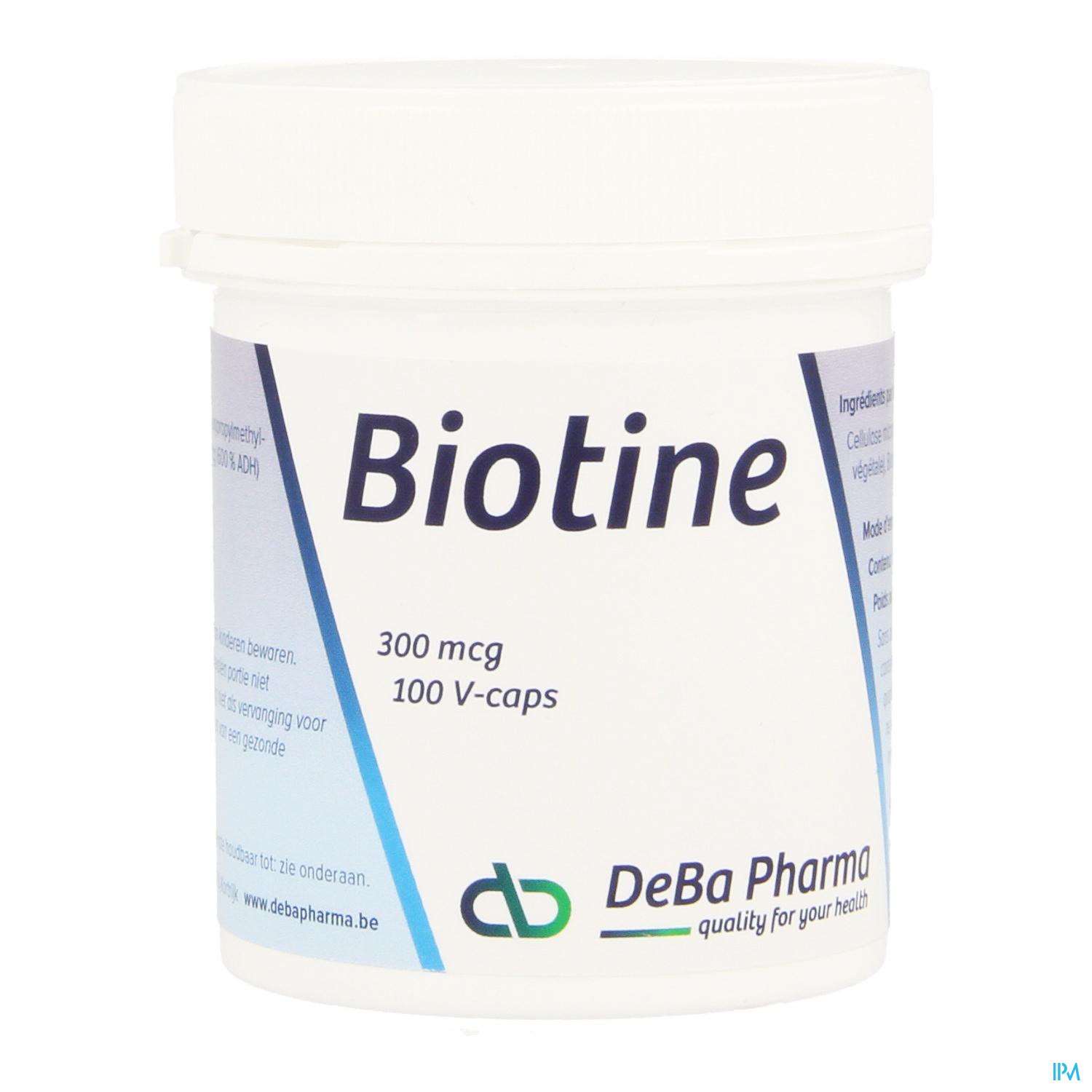 BIOTINE 300Y CAPS 100 DEBA Biotine (Vitamine H, Vitamine B8) draagt bij tot :
de instandhouding van normaal haar en huid.
een normaal metabolisme van de macronutriënten (vetten, suikers, eiwitten).
een normaal energieleverend metabolisme, tot de normale werking van het zenuw
