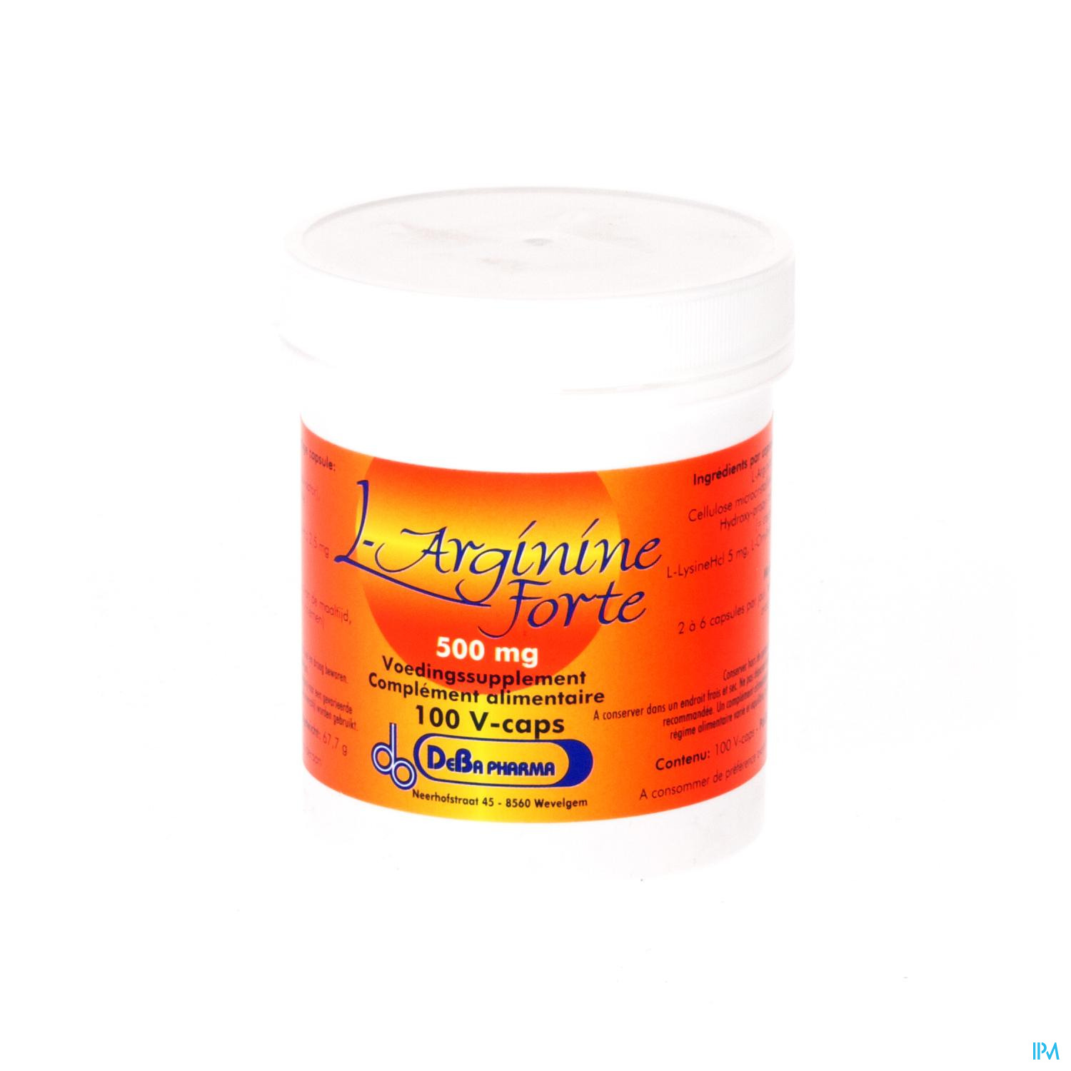 L-ARGININE CAPS 100X 500MG DEBA La L-Arginine forte est un acide aminé essentiel et se présente sous sa forme L naturelle.
L-Arginine forte accélère la cicatrisation des plaies et stimule l'irrigation sanguine des muscles.