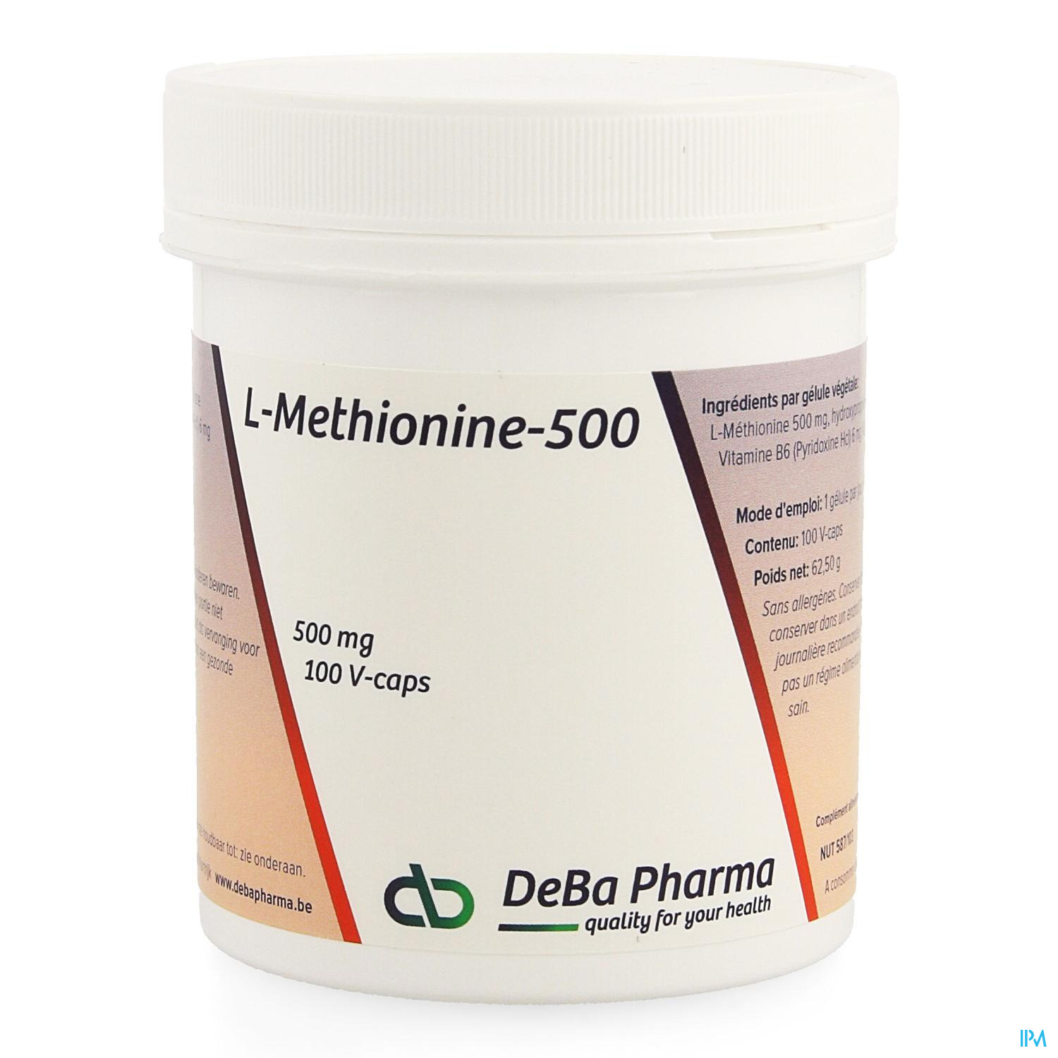 L-METHIONINE +B6 CAPS 100X 500MG DEBA Contient la forme en L naturelle de la Méthionine