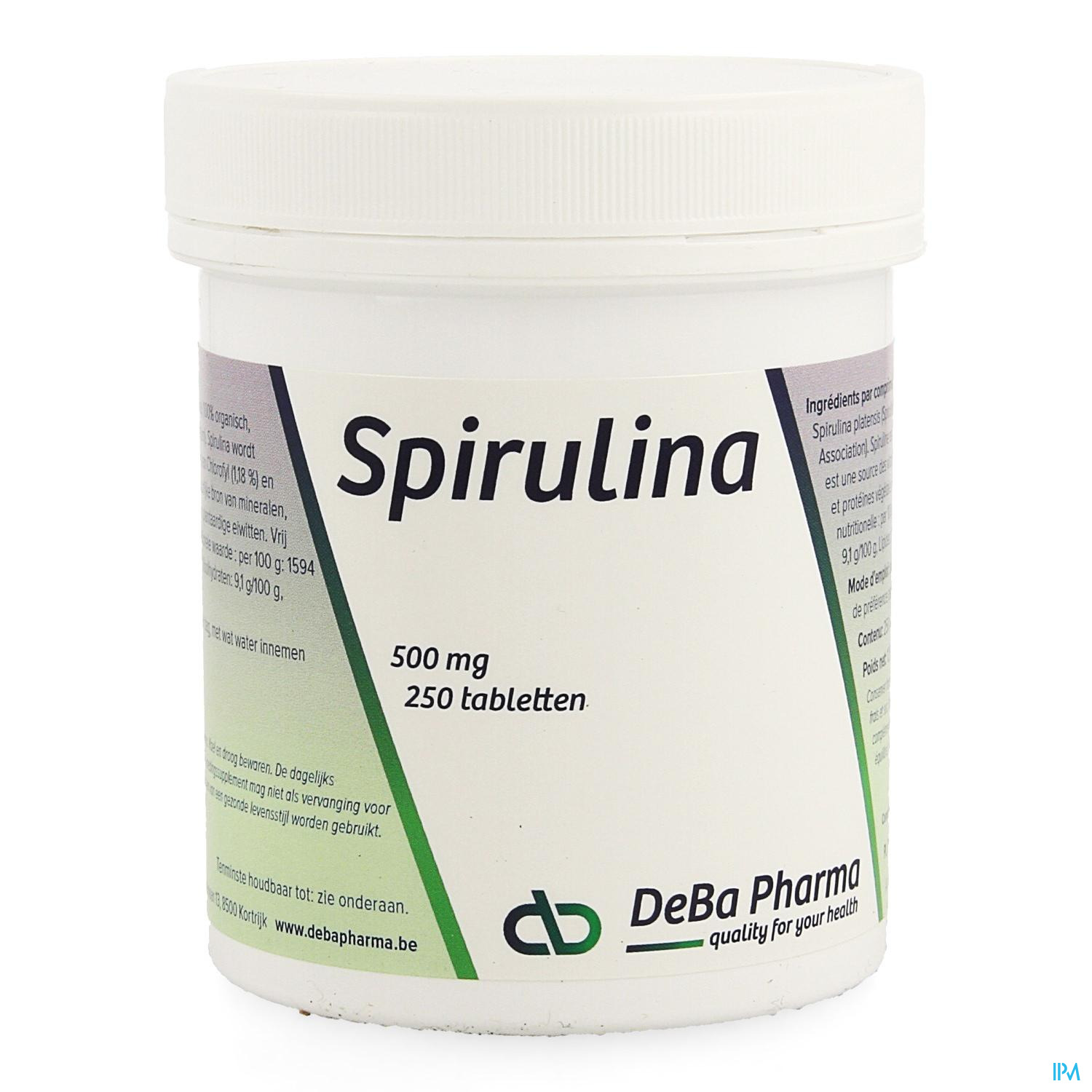 SPIRULINA TABLETTEN 250X 500MG DEBA Spirulina bevat 65% eiwit, wat het tot de rijkst gekende eiwitbron maakt. Het bevat alle acht essentiële aminozuren en is daarmee een bron van hoogwaardig plantaardig eiwit. Daarnaast bevat het van nature uit ook alle vitaminen- en mineralen en in het bij