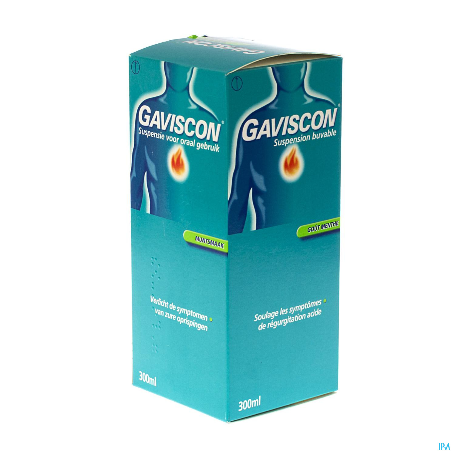 GAVISCON MENTHE MUNT SUSPENSION BUVABLE 300ML Médicament contre les symptômes du reflux gastro-œsophagien.
Gaviscon suspension traite les symptômes liés au reflux de l’acide gastrique vers l’œsophage, tels que régurgitation acide, brûlant et indigestion. Ces symptômes se produisent p. ex. pendant l