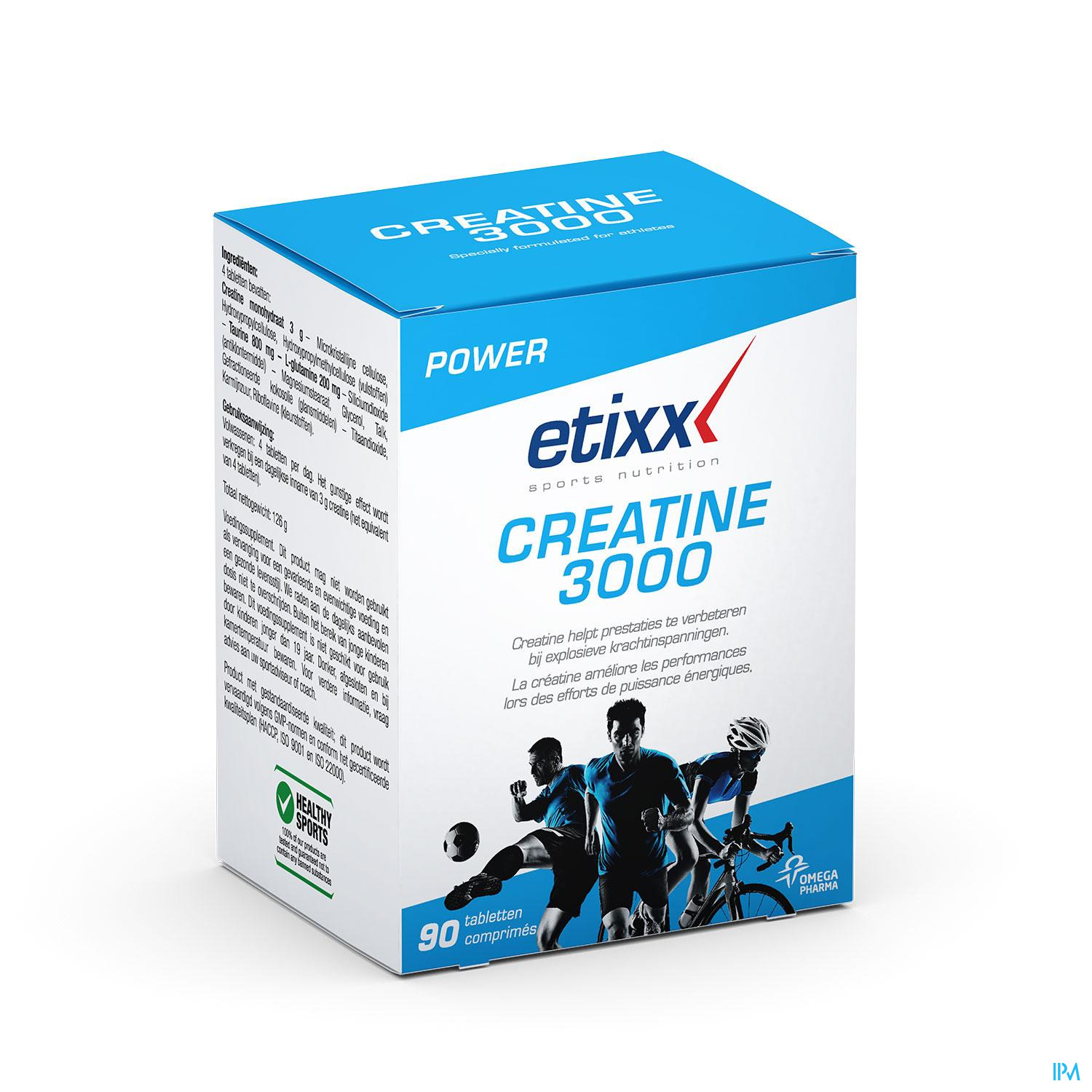 Etixx Creatine 3000 + Taurine Tablet 90 Stuks Creatine (Creapure®) helpt prestaties te verbeteren bij explosieve krachtinspanningen.
Prestatieverbetering tijdens korte herhaalde sprints of herhaalde maximale inspanningen
Toename van spierkracht en -massa
Bevat glutamine en taurine: positief voo