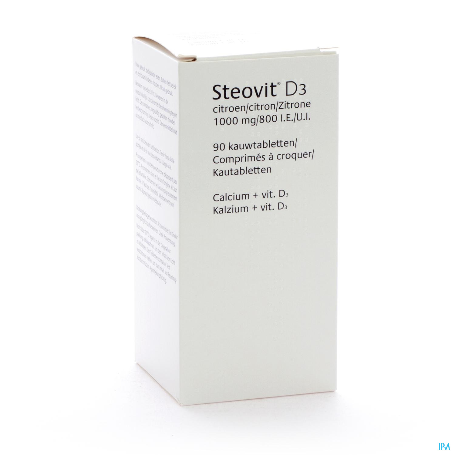 Steovit Forte citroen 1000 mg/800 I.E. kauwtabletten 90 stuks Steovit Forte citroen zijn kauwtabletten die calcium en vitamine D3 bevatten die beide belangrijk zijn voor de botvorming. Steovit Forte citroen wordt gebruikt bij de preventie en behandeling van calciumen vitamine D-tekort bij bejaarden, en als supplemen