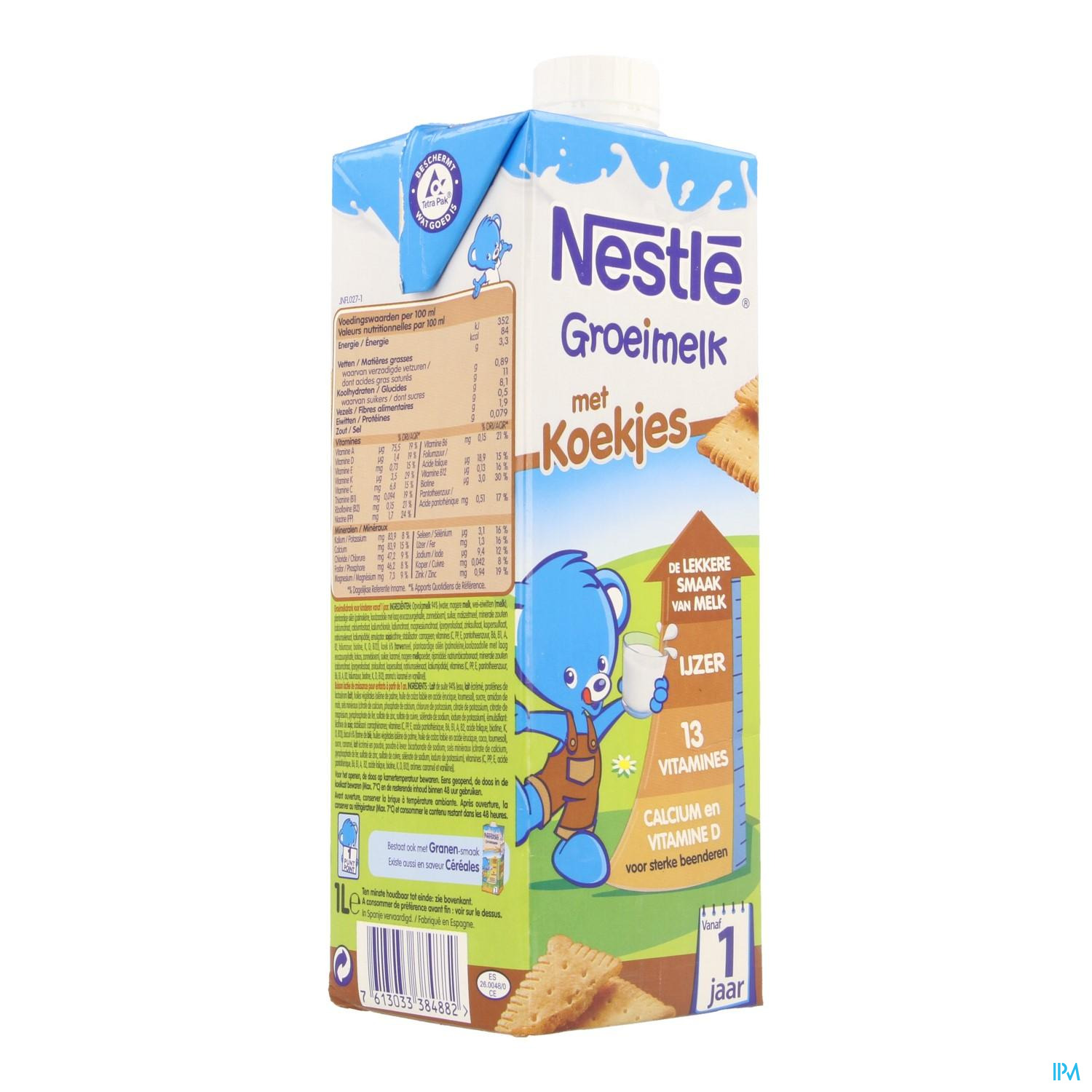 NESTLE GROEIMELK 1+ KOEKJES TETRA 1L Nestlé Groeimelk Koekjes is een groeimelk speciaal voor kinderen vanaf 1 jaar en laat je baby nieuwe smaken ontdekken.
Waarom moet ik groeimelk geven aan mijn baby ?
Deze groeimelk van Nestlé beantwoordt aan de specifieke behoeften van jouw kindje.