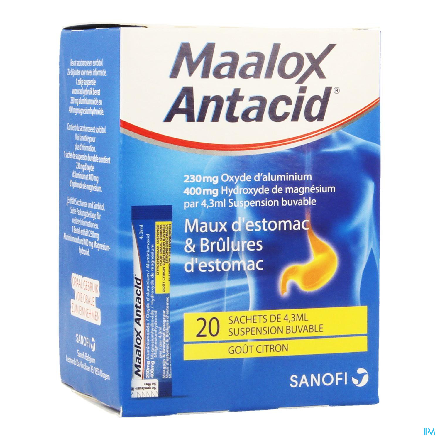 Maalox Antacid Lemon 230mg/400mg Susp Or. 20x4,3ml Des aigreurs d