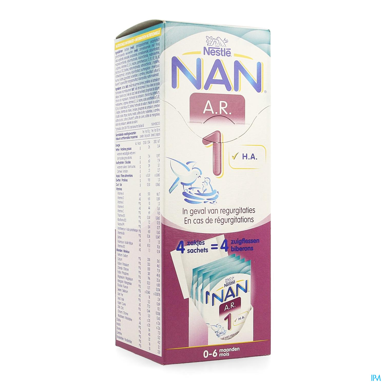 Nan Ar1 Melkpoeder 4x 26,2g NAN A.R. 1 is een melk die ontwikkeld werd op basis van Nestlé-onderzoek om te beantwoorden aan regurgitatieproblemen.
NAN A.R. 1, verrijkt met zetmeel, vermindert het risico op regurgitatie.
Hypoallergeen, is ook geschikt voor kinderen met risico op