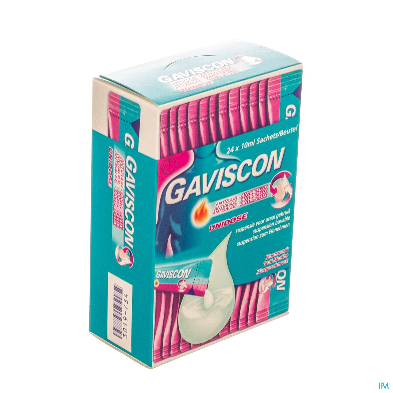 GAVISCON ANTIREFLUX ANTIZUUR ORALE SUSPENSIE ZAKJE 24X Gaviscon Antizuur - Antireflux Unidose is een combinatie van twee antacida (calciumcarbonaat en natriumbicarbonaat) en een alginaat, en heeft een dubbele werking:
het neutraliseert overmatig maagzuur, waardoor de pijn en het ongemak afneemt;
het vor
