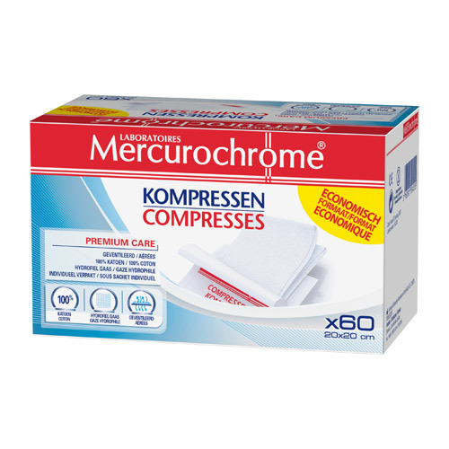 Mercurochrome 20cmx20cm 60 - Steriele kompressen - Kompressen - Thuiszorg & EHBO - Apotheek Peeters Oudsbergen (Peeters Pharma BV)