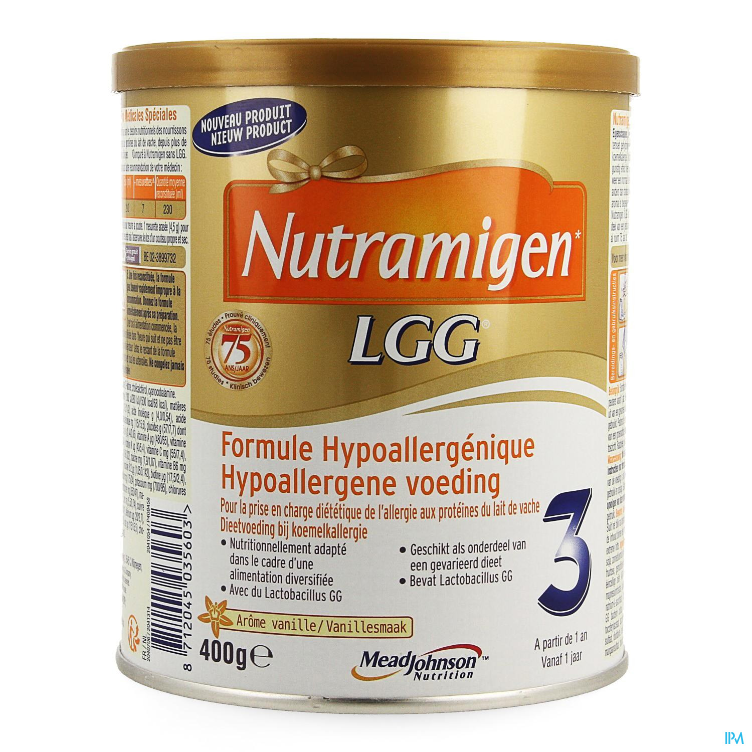 Nutramigen 3 Lgg Poeder 400g Nutramigen 3 LGG® is een intensief gehydrolyseerde, hypoallergene flesvoeding op basis van caseïne als dieetvoeding bij kinderen met koemelkallergie vanaf 1 jaar. Het dient te worden gebruikt als onderdeel van een gevarieerd dieet om te verzekeren dat uw
