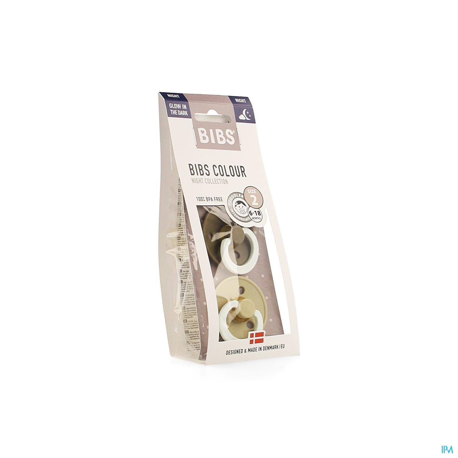 BIBS 2 FOPSPEEN DUO GLOW IN DARK VANILLA/OAK licht op in het donker! BIBS COLOR night heeft een lichtgevende ring, die in het donker schijnt. Voor het beste resultaat houdt u de fopspeen ca. 10 seconden onder een lamp.