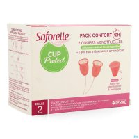 Saforelle Cup Protect offre, à toutes les femmes qui ne souhaitent plus utiliser de protections classiques, une coupe menstruelle, en silicone médical biocompatible, qui garantit sécurité et confort au moment des règles.

Le Pack confort 12h est composé
