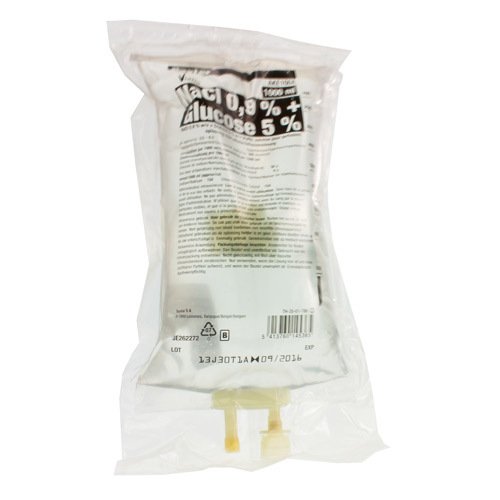 NaCl 0,9 % + Glucose 5 % est une solution de glucose (sucre) et de chlorure de sodium (sel) dans de l’eau. Le glucose est une des sources d’énergie du corps. Cette solution pour perfusion fournit 200 kilocalories par litre.

Le sodium et le chlorure son