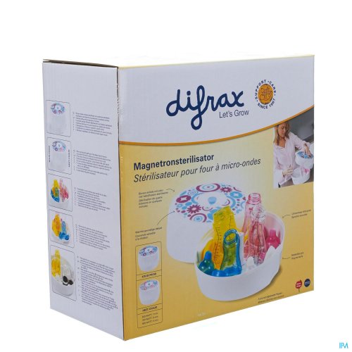 De Difrax magnetronsterilisator doodt binnen enkele minuten schadelijke bacteriën op babyartikelen. 

De print op de deksel kleurt rood en blauw wanneer de sterilisator en de stoom heet zijn, wat zorgt voor een veilig gebruik. In de magnetronsterilisato