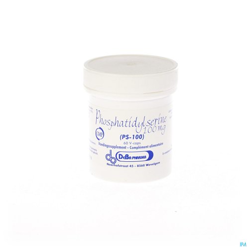 PHOSPHATIDYLERINE (PS-100) 100MG V-CAPS 60 DEBA Fosfatidylserine is sterk geconcentreerd in het brein en zenuwstelstel en is noodzakelijk vooralle cellen in het lichaam. Het speelt een rol in de celmembranen, waardoor deze vloeibaar en stabiel blijven. Fosfatidylserine verhoogt de concentratie en onder