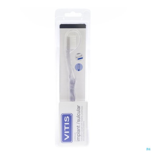 VITIS SULCULAR BROSSE A DENTS IMPLANT 2704 Le Vitis Implant Sulcular est très approprié pour l'élimination de la plaque dentaire autour des implants.
Les soies souples en Tynex® sont placées en 2 rangées linéaires étroites sur la tête de brosse
Spécialement indiqué pour le nettoyage de la transi