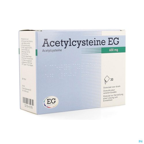 Acetylcysteine EG 600mg Granulaat Voor Drank Zakje 30x Acetylcysteine EG is een geneesmiddel voor het vloeibaar maken van slijmen
(lost slijmen op die bij aandoeningen van de ademhalingswegen worden gevormd) en voor het behandelen van chronische bronchitis (COPD - Chronic Obstructive Pulmonary Disease) welk