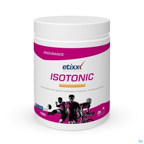 Etixx Isotonic Powder Orange-mango 1000g Isotonic Isotone sportdrank rijk aan koolhydraten met 2:1 (glucose:fructose) suikercombinatie en met elektrolyten.
De 2 op 1-formule (maltodextrine:fructose) zorgt voor het opnemen van grotere hoeveelheden koolhydraten
Bevat zout dat zorgt voor het bete