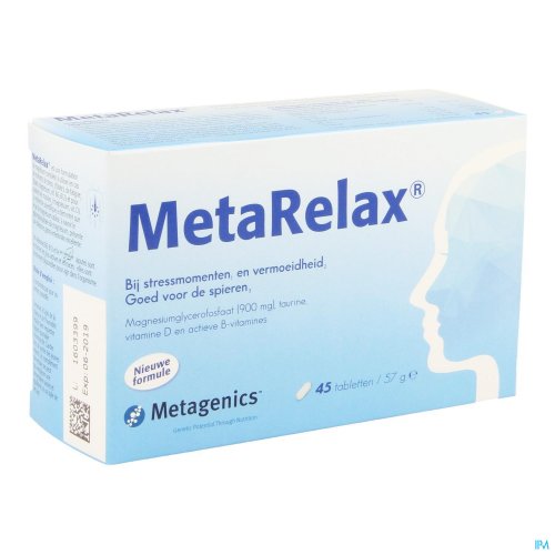 METARELAX NF TABL 45 21874 METAGENICS MetaRelax is dankzij zijn specifieke samenstelling ideaal om te gebruiken bij stressmomenten en vermoeidheid en is goed voor de spieren.
MetaRelax is een goed opneembaar magnesiumsupplement op basis van magnesiumglycerofosfaat, actieve B-vitamines en v