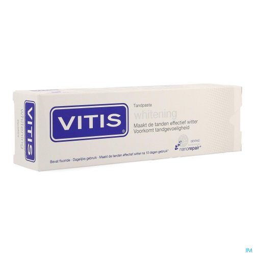 Vitis Whitening Tandpasta is ontwikkeld voor patiënten die de natuurlijke witte kleur van de elementen willen herstellen met een 100% veilige tandpasta
Na 10 dagen gebruik herstelt Vitis Whitening dankzij de innovatieve nanorepair technologie de natuurli