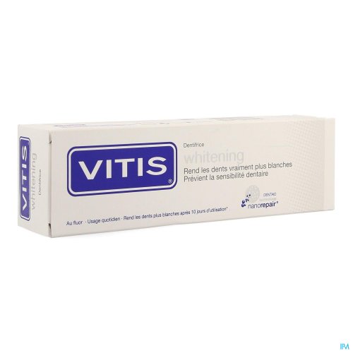 Le dentifrice Vitis Whitening a été conçu pour les patients qui souhaitent retrouver des dents naturellement blanches avec un dentifrice 100% sûr
Après 10 jours d'utilisation, Vitis Whitening restaure la blancheur et l'éclat naturels des dents grâce à la
