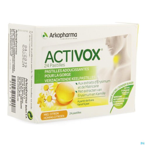 Activox® : 2 plantes apaisantes pour la gorge !
Grâce aux arômes de miel et de citron, les pastilles Activox® vous procurent une sensation de fraîcheur agréable et durable.

De plus, les extraits de Camomille et d'Erysanthemum ont des propriétés apaisa