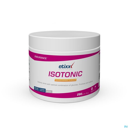 Etixx Isotonic Powder Orange Mango 280g Isotonic Boisson sportive isotonique riche en glucides avec combinaison de sucres 2:1 (glucose:fructose) et électrolytes.
La formule 2/1 (maltodextrine/fructose) permet de consommer de plus grandes quantités d'hydrates de carbone
Le sodium assure une me