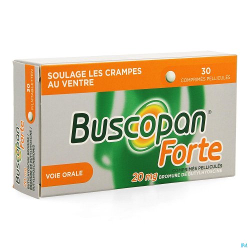 3BUSCOPAN FORTE 20MG comprimés pelliculés 30 Buscopan contient comme substance active le bromure de butylhyoscine, un spasmolytique. Un spasmolytique est un médicament qui supprime les spasmes: un agent antispasmodique.