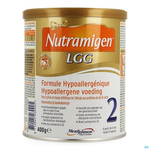 Nutramigen 2 Lgg +6m Poeder 400g Nutramigen 2 LGG® is een intensief gehydrolyseerde, hypoallergene flesvoeding op basis van caseïne die wordt gebruikt als dieetvoeding bij zuigelingen met koemelkallergie vanaf 6 maanden. Het dient te worden gebruikt als onderdeel van een gevarieerd dieet