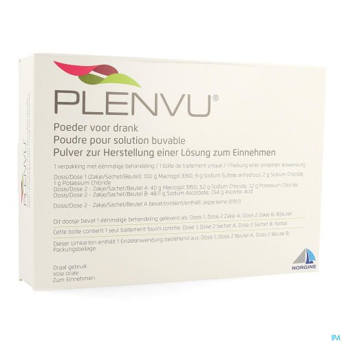 Plenvu est un laxatif. Plenvu est indiqué chez l’adulte âgé de 18 ans et plus préalablement à tout examen nécessitant un intestin propre. Plenvu provoque une diarrhée permettant de nettoyer votre intestin.