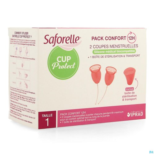 Saforelle Cup Protect offre, à toutes les femmes qui ne souhaitent plus utiliser de protections classiques, une coupe menstruelle, en silicone médical biocompatible, qui garantit sécurité et confort au moment des règles.

Le Pack confort 12h est composé