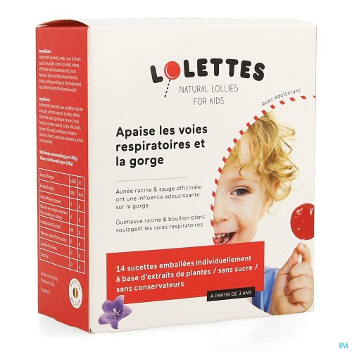 Les Lolettes sont des sucettes naturelles spécialement confectionnées pour les enfants.Lolettes voies respiratoire gorge peut être utilisé en cas de mal de gorge ou de toux sèche ou productive.