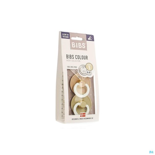 BIBS 1 TETINE DUO GLOW IN DARK VANILLA/BLUSH s'allume dans le noir! BIBS COLOR night a un anneau lumineux qui brille dans le noir. Pour un résultat optimal, maintenez la sucette sous une lampe pendant environ 10 secondes.